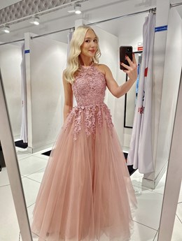 Sukienka długa tiul koronka na szyję wrzos