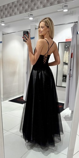 Sukienka długa tiul gorset ozdoby brokat cz/srebro