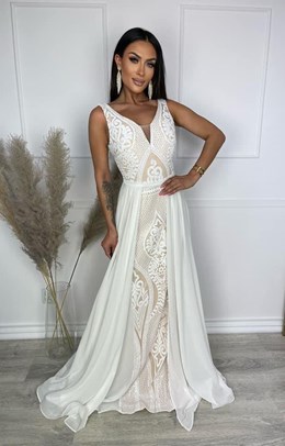 Sukienka długa cekiny siateczka dekolt biel/beż