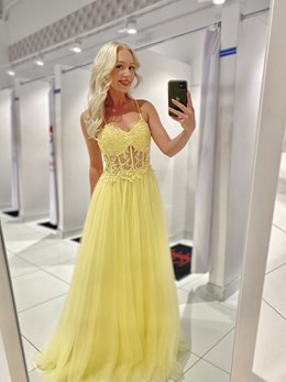 Sukienka długa gorset perełki tiul żółty