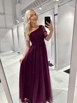 Sukienka długa jedno ramię tiul brokat fiolet