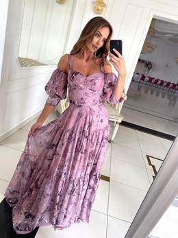 Sukienka długa szyfon doczepiany rękaw jagoda