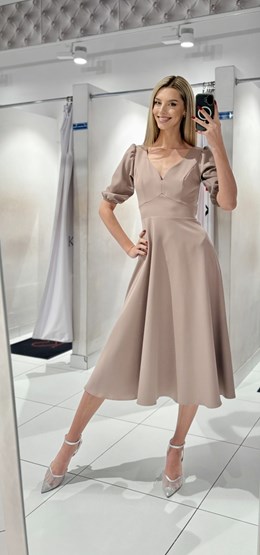 Sukienka midi rękawek 3/4 pas wiązanie cappuccino