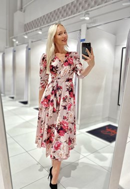 Sukienka midi koszulowa długi rękaw print kwiaty