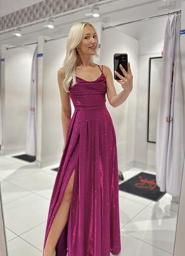 Sukienka długa wiązanie plecy brokat fuksja