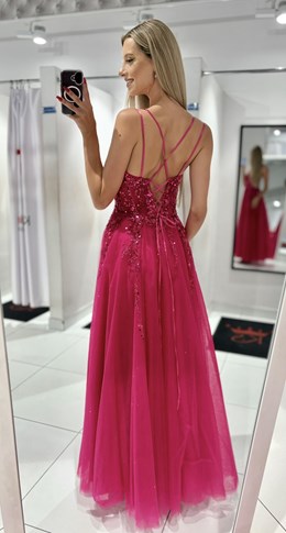 Sukienka długa gorset tiul brokat fuksja