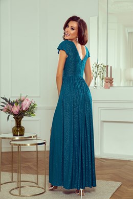 Sukienka długa brokat rękaw turkus