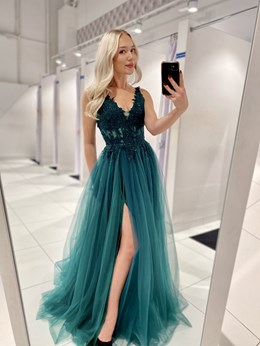 Sukienka długa tiulowa gorset koronka zieleń