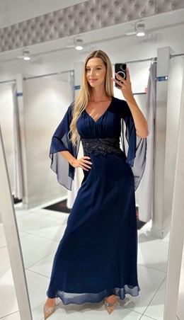 Sukienka długa rękawek motyl granat