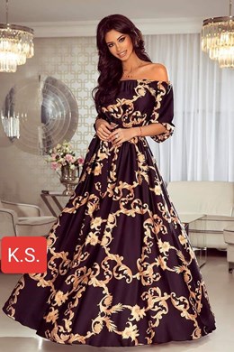 Sukienka długa długi rękaw wzór złoto/czerń