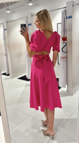 Sukienka midi guziki plecy rękawek wiązanie malina