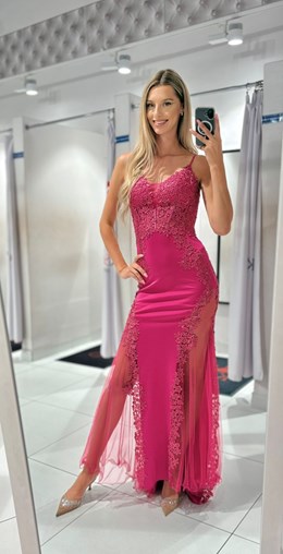 Sukienka długa gorset rybka haft fuksja