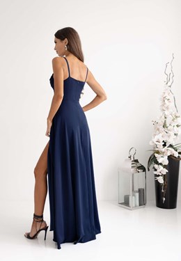 Sukienka długa ramiączka dekolt marszczenie granat