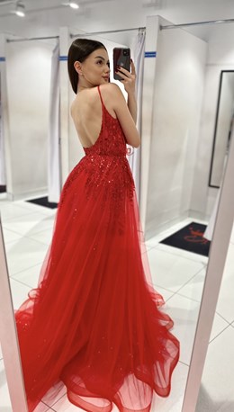 Sukienka długa gorset brokat tren czerwień