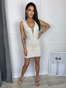 Sukienka krótka cekiny dekolt plecy beż/biel