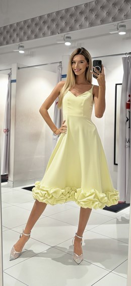 Sukienka midi ramiączka falbana cytryna