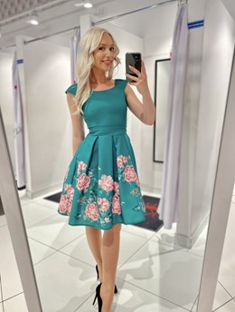 Sukienka krótka klosz kwiaty dół ciemna zieleń/róż