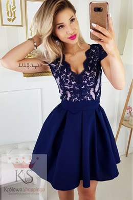 Sukienka krótka krótki rękawek dekolt granat/róż