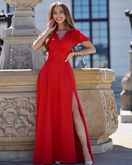 Sukienka długa rękawki dekolt czerwień