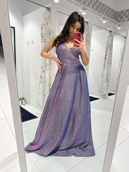 Sukienka długa ramiączka krzyż brokat fioletowy