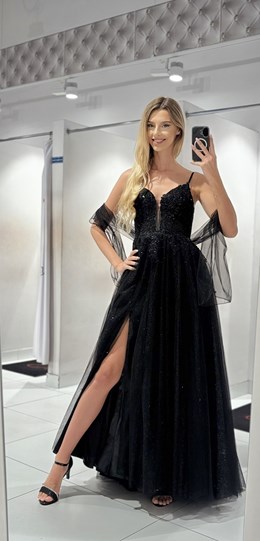 Sukienka długa gorset tiul brokat cyrkonie czerń