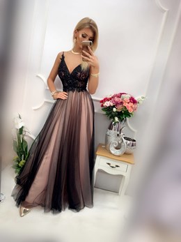 Sukienka długa tiulowa na ramiączkach róż-czarny