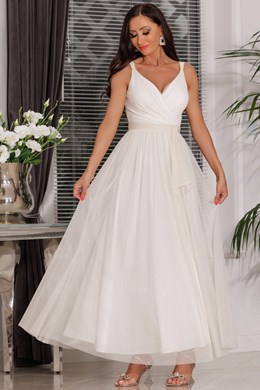 Sukienka długa ramiączka tiul pas brokat biel