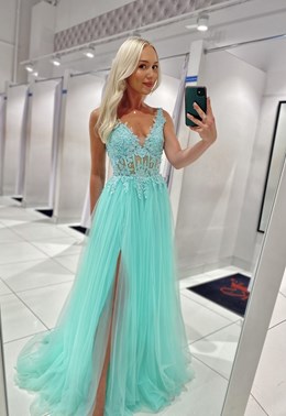 Sukienka długa tiulowa gorset koronka mięta