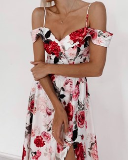 Sukienka długa opadające ramiona kwiaty