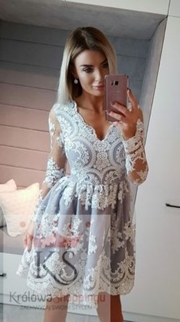 Sukienka krótka koronkowa rękaw biel/szary