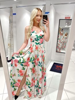 Sukienka długa ramiączka różyczki biel/róż/zieleń