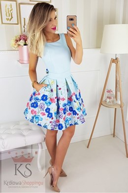 Sukienka krótka gładka kwiaty mięta