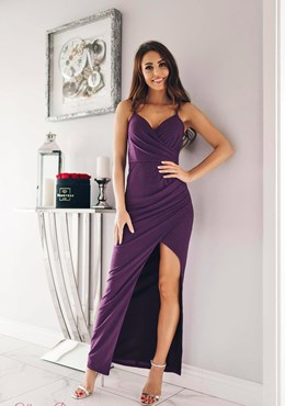 Sukienka długa ramiączka zamek błyszcząca fiolet