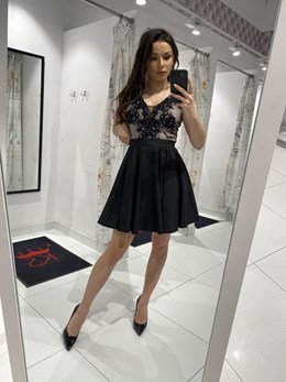 Sukienka krótka dekolt siateczka czarny/beż