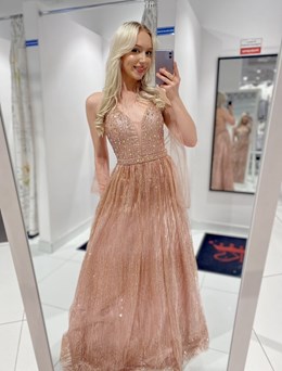 Sukienka długa wiązanie brokat kryształki róż