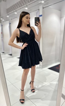 Sukienka krótka bombka ramiączka brokat czerń