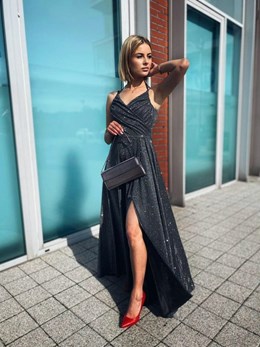 Sukienka długa wiązana przy szyi brokat czarny