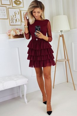 Sukienka krótka falbany tiul bordo