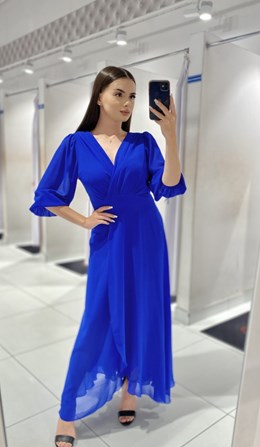 Sukienka długa rękaw pas chaber