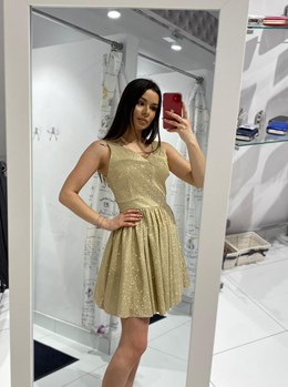 Sukienka krótka rozkloszowana brokat ciepłe złoto