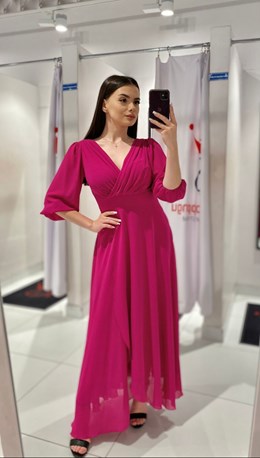 Sukienka długa rękaw pas fuksja