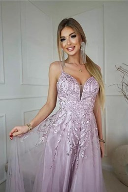 Sukienka długa tiul zdobienie listki wrzos