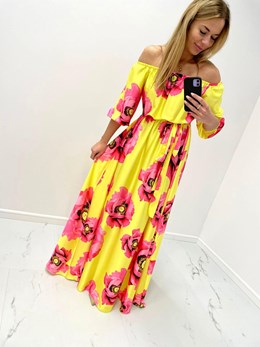 Sukienka długa długi rękaw kwiaty żółty fuksja
