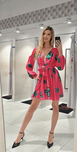 Sukienka krótka koszulowa rękaw kwiaty zieleń