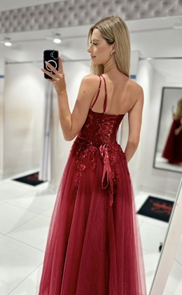 Sukienka długa asymetria tiul brokat bordo