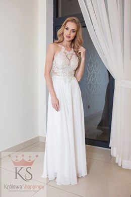 Sukienka długa ramiączka na krzyż ecru