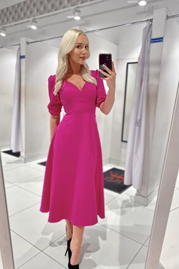 Sukienka midi rękawek 3/4 pas wiązanie fuksja