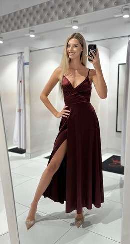 Sukienka długa ramiączka rozkloszowana burgund