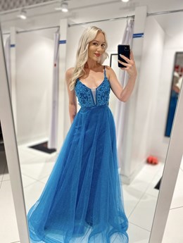 Sukienka długa tiul brokat zdobienie turkus