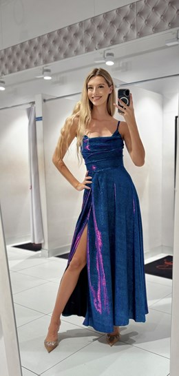 Sukienka długa wiązanie plecy brokat turkus/róż